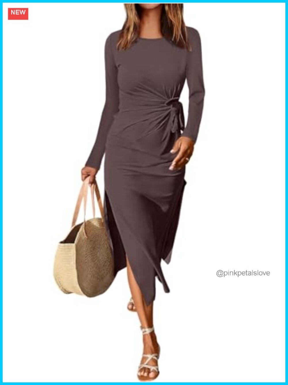 Women's Long Sleeve Maxi Dress Tie Waist Side Slit Crew Neck Casual